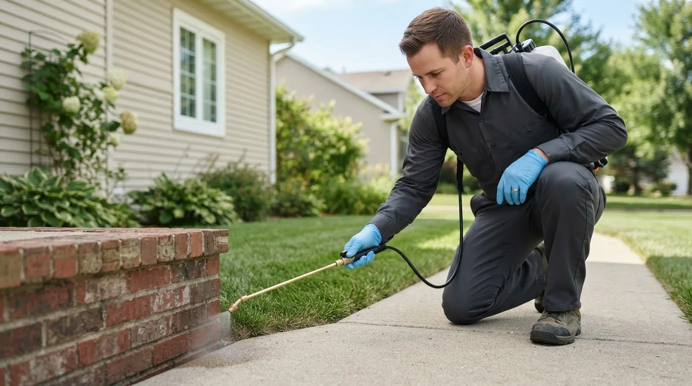 Pest control technician treating a home near Ace, TX